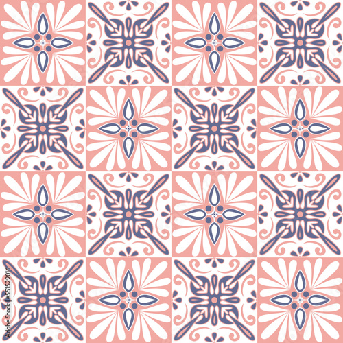 Decorative ceramic tile mosaic square shape, trendy purple lilac pink white pastel color and ornate vintage vector illustration