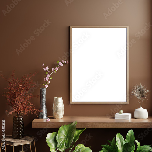 Mockup frame on cabinet in living room interior on transparent background.