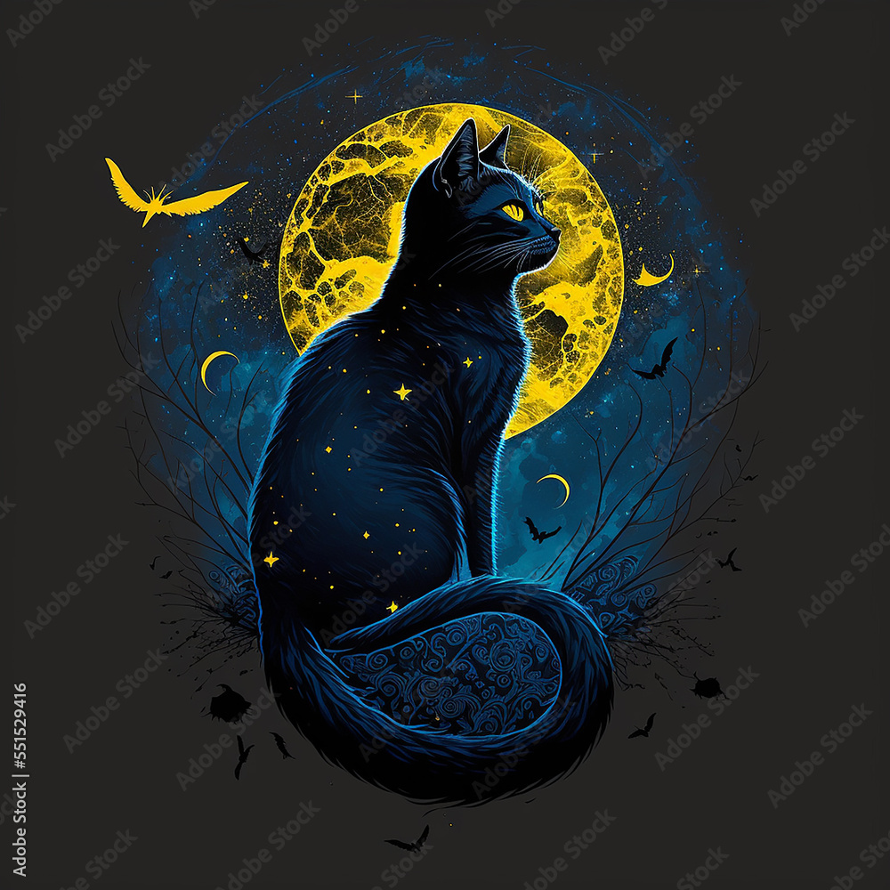 black cat is perched atop a deep blue background with golden moon , its fur  is a deep midnight shade and itseyes are a bright yellow that stands in stark  contrast Stock