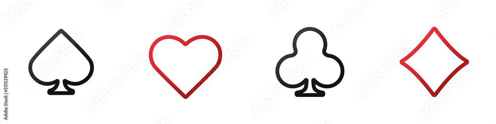 Set collection gambling sign symbol of playing card suits and chips for poker and casino. Hearts, clubs, diamonds and spades on an isolated white background. Set collection gambling sign symbol of playing card suits and chips for poker and casino. Hearts, clubs, diamonds and spades on an isolated white background.