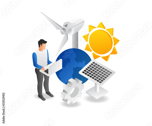 Flat isometric illustration concept of installing solar panels with computer program