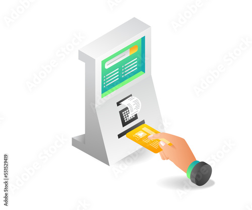 Flat isometric illustration concept of hand inserting card into machine