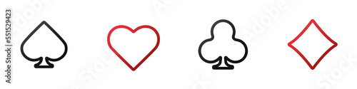 Set collection gambling sign symbol of playing card suits and chips for poker and casino. Hearts, clubs, diamonds and spades on an isolated white background.