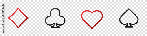 Set collection gambling sign symbol of playing card suits and chips for poker and casino. Hearts, clubs, diamonds and spades on an isolated transparent background.
