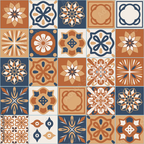 Azulejo brown beige contrast ceramic square tiles, spanish mediterranean style vector illustration