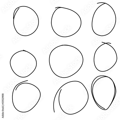 Doodle set of black hand drawn circle line sketch set. Vector circular scribble doodle round circles for message note mark design element. Pencil or pen highlighter elipses