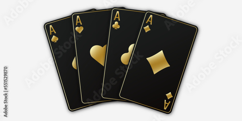 A fan of playing cards consisting of four black and golden Ace of Spades, Diamonds, Clubs, Hearts. Vector illustration poker and casino of all the aces on a white background.