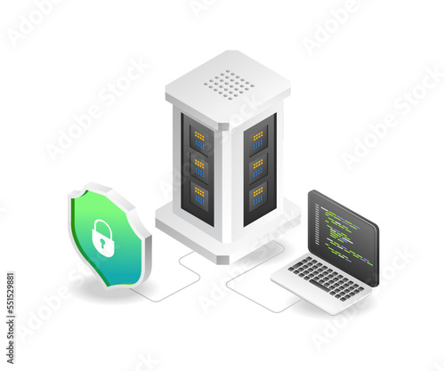 Flat isometric illustration concept of cloud server security program