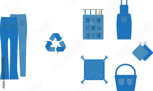 Upcycling of jeans vector illustration. Upcycling set for decor.