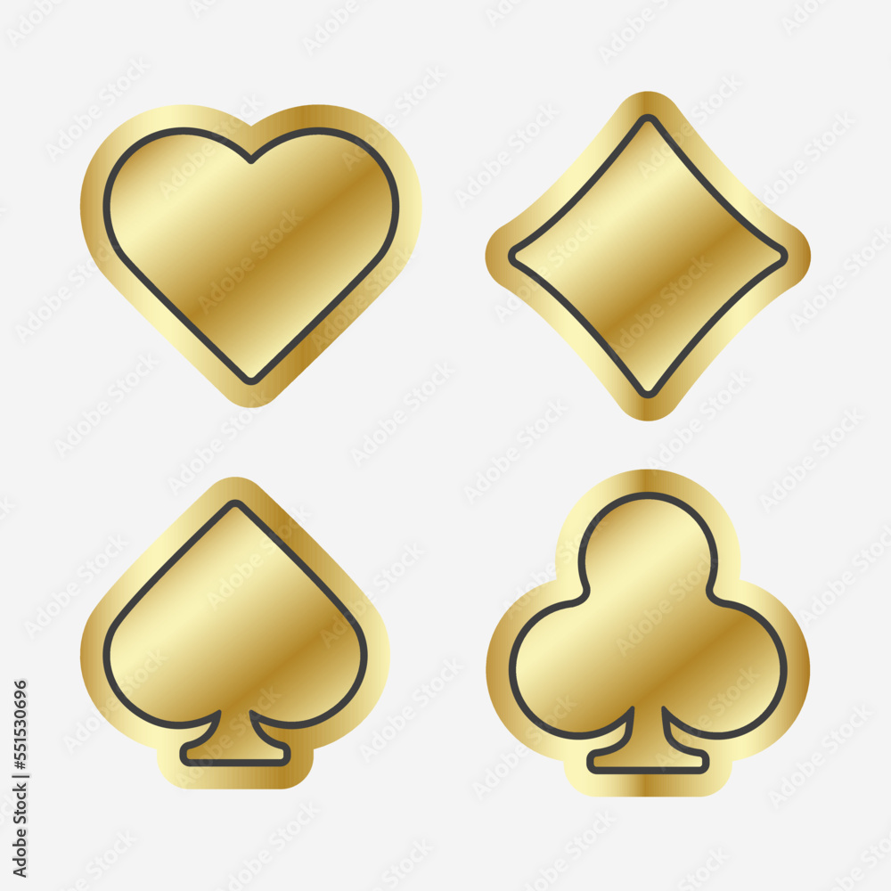 Set collection golden gambling sign symbol of playing card suits and chips for poker and casino. Hearts, clubs, diamonds and spades on white background. Set collection golden gambling sign symbol of playing card suits and chips for poker and casino. Hearts, clubs, diamonds and spades on white background.