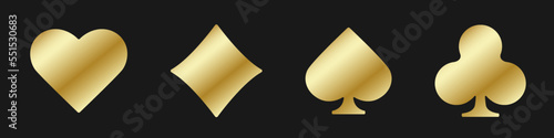 Set collection golden gambling sign symbol of playing card suits and chips for poker and casino. Hearts, clubs, diamonds and spades on black background.