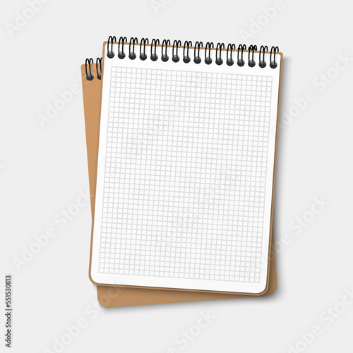 A notebook with a horizontal spring coil lies on top of another notebook. Notepad in a cage grid with a white sheet. Vector illustration isolated on white background
