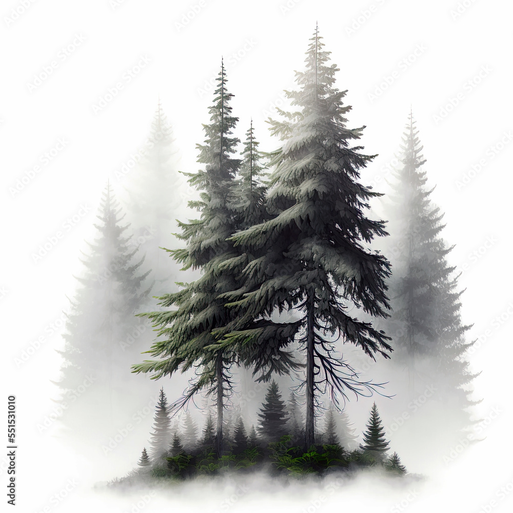 Obraz premium foggy spruce forest. Fir trees isolated on white background