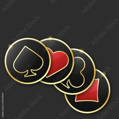 Set collection gambling sign symbol of playing card suits and chips for poker and casino. Hearts, clubs, diamonds and spades on an black background.