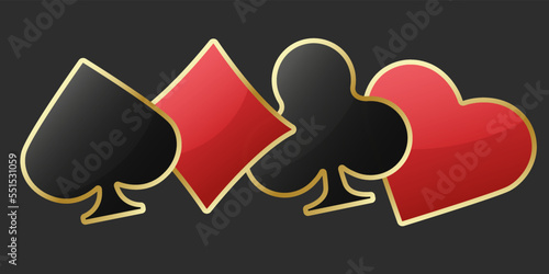 Set collection gambling sign symbol of playing card suits and chips for poker and casino. Hearts, clubs, diamonds and spades on an black background.
