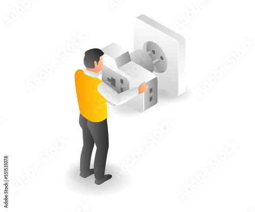 Concept isometric illustration of a man inserting a power jack