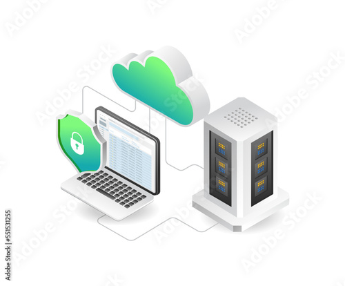 flat isometric concept of server computer analytics illustration
