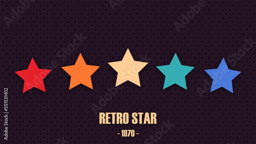 Vector illustration in 1970s 1980s 1960s style. Colorful rating stars in retro style on a perforated background. Feedback concept for mobile app or website. Quality shape design.