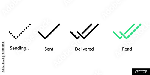 Message Sending, Sent, Delivered and Read tick vector icons in line style design for website design, app, UI, isolated on white background. Editable stroke. Vector illustration.