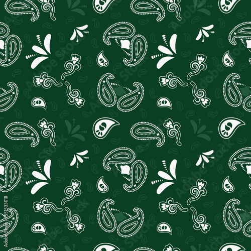 Green bandana kerchief paisley fabric patchwork abstract vector seamless pattern