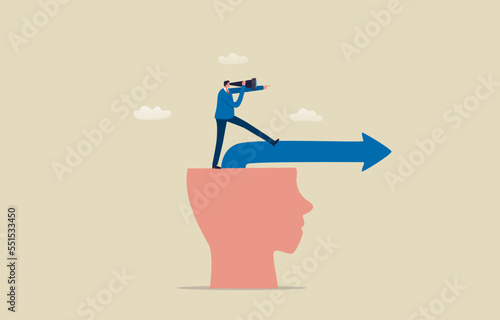 Mindset and vision of a leader in making business decisions. Brain makes decisions. Businessman finds a path forward from his head. illustration