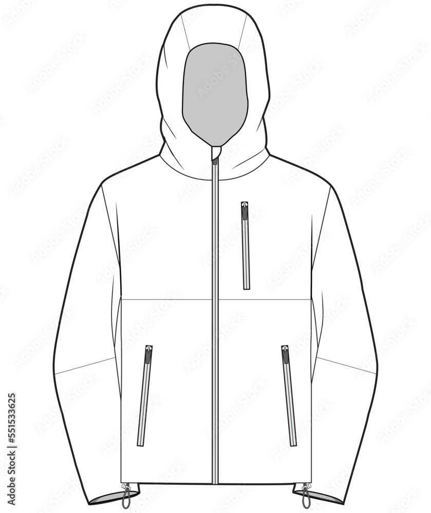 hooded windcheater jacket flat technical cad drawing vector template - obrazy, fototapety, plakaty 