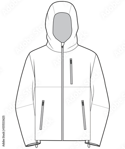 hooded windcheater jacket flat technical cad drawing vector template photo