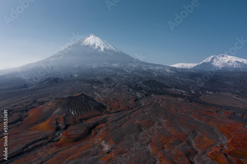Aerial panorama of the mountain volcano valley Klyuchevskaya Sopka, Kamchatka