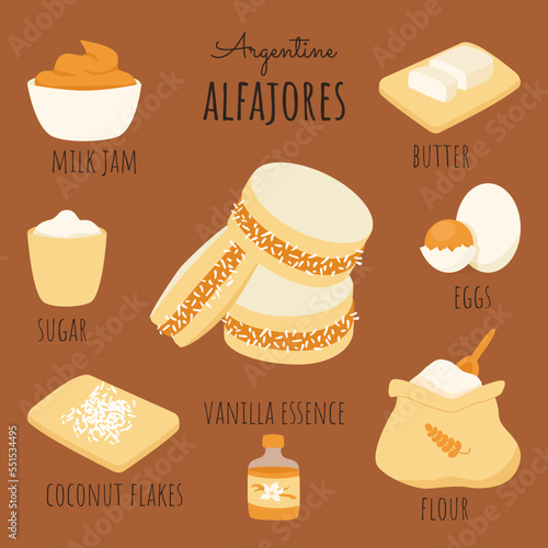 Argentine alfajores cookie recipe ingredients. Traditional latin american sweet consists flour butter egg suger vanilla essence milk jam coconut flakes. Cute hand drawn doodle. Vector illustration.