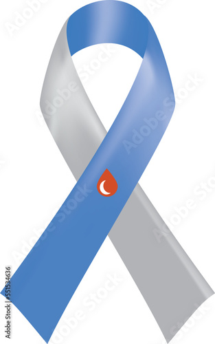 Gray and blue ribbon with blood drop as symbol of diabetes Type 1
