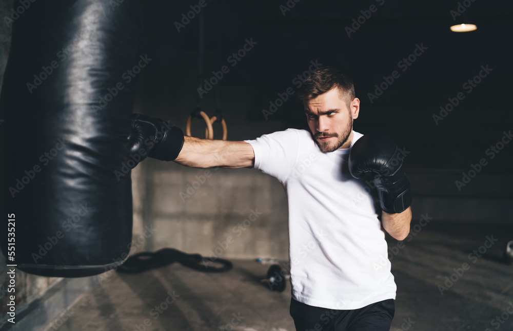 Focused male punching bag with boxing gloves in gym Focused male punching bag with boxing gloves in gym