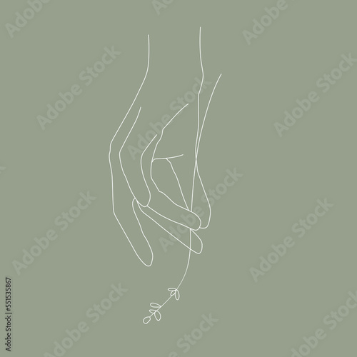 White Lavender sprig line art with woman hand on green background. Elegance hand with flower