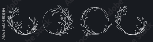 Outline flower wreath set. Vector floral frame in doodle style. Wedding monogram flourish frame isolated on black background. Outline border with wild flowers, meadow herbs and branches.