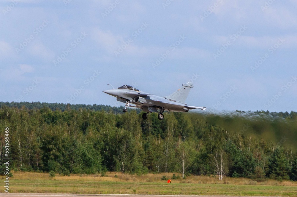 French fourth-generation multirole fighter jet Dassault Rafale has landed on Russian airstrip. Close-up. 100 years of Russian Air Force. Zhukovsky, Russia, August 10, 2012 French fourth-generation multirole fighter jet Dassault Rafale has landed on Russian airstrip. Close-up. 100 years of Russian Air Force. Zhukovsky, Russia, August 10, 2012