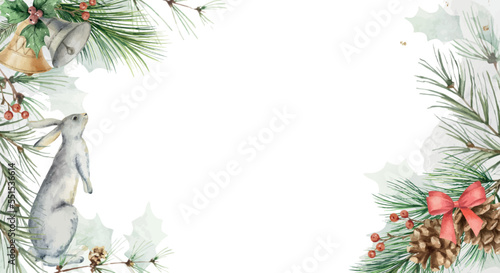 Watercolor vector winter background with rabbits and fir branches.