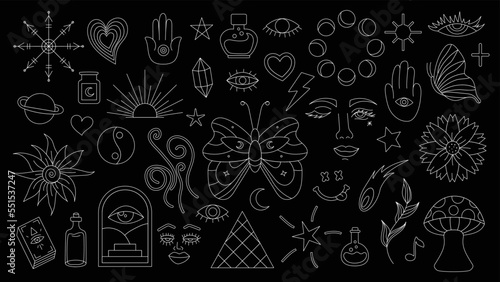Magic background in retro style with hand drawn elements. Decorative mystical vector isolated pattern. editable stroke stickers. Esoteric element in minimalism. Collection of occult symbols tattoo art