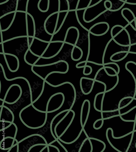 Abstract doodle drawing with green lines on black background.Seamless pattern. 