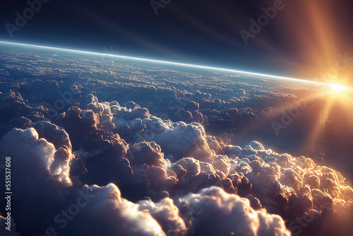 Splendid background cloudscape above the earth's atmosphere in the stratosphere, with a galaxy and black, starry space at the horizon. Digital art AI generated image of view from above the space.