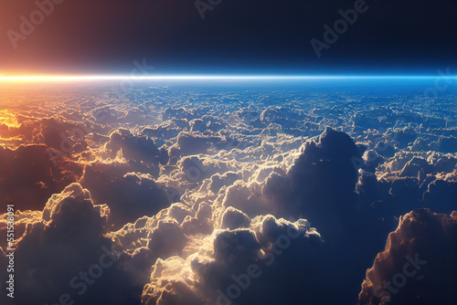Splendid background cloudscape above the earth's atmosphere in the stratosphere, with a galaxy and black, starry space at the horizon. Digital art AI generated image of view from above the space.
