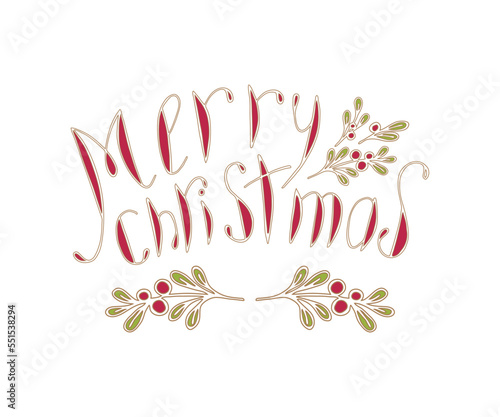 Inscription Merry Christmas lettering with doodle ornament Viva Magenta trend color 2023.