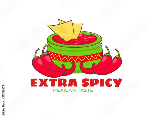 Nachos corn chips with salsa sauce and red chili hot pepper cartoon logo vector. Mexican corn tortilla chips with salsa dip isolated on a white background.