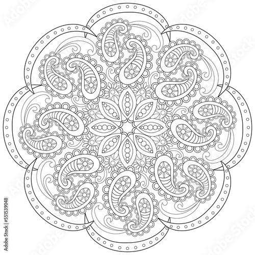 Colouring page, hand drawn, vector. Mandala 129, ethnic, swirl pattern, object isolated on white background.