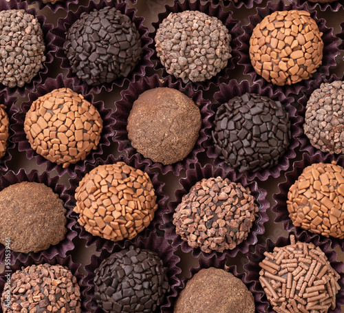 Closeup of typical brazilian brigadeiros, various flavors