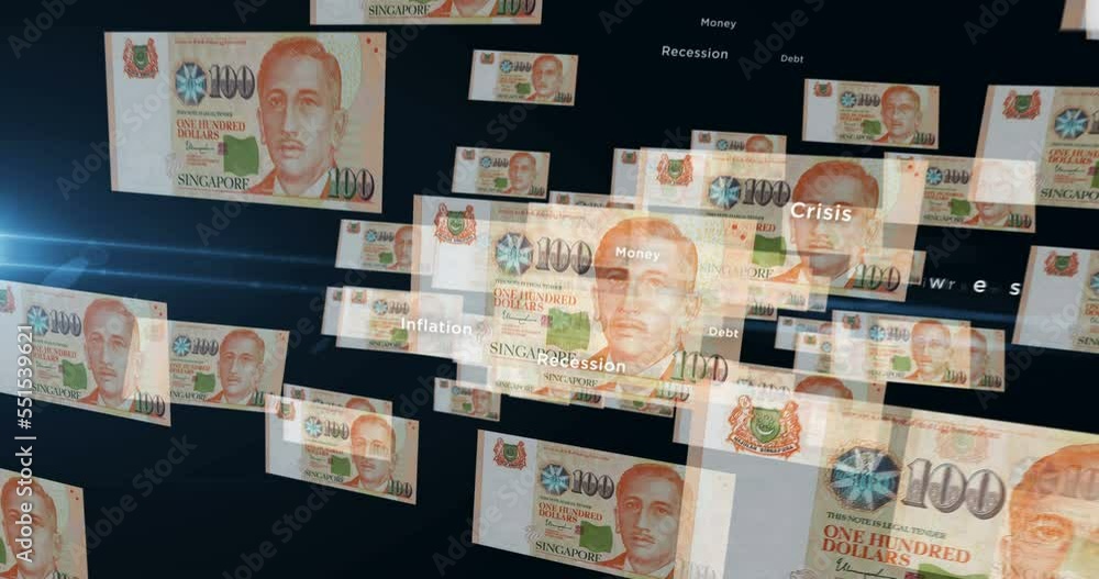 Singapore Dollar 100 SGD banknote loop. Flying between transparent money Singapore note. 3D seamless looped abstract concept of business, economy, finance, crisis and banking. Singapore Dollar 100 SGD banknote loop. Flying between transparent money Singapore note. 3D seamless looped abstract concept of business, economy, finance, crisis and banking.