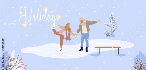 Happy Christmas holidays. Couple skating on ice rink outdoors in winter. Man and woman skaters in snowy park on wintertime holidays. Vector banner or greeting postcard.  