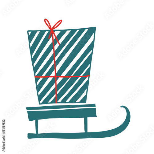 Christmas sledge with present. Doodle winter illustration. Winter gift sledge vector illustration.