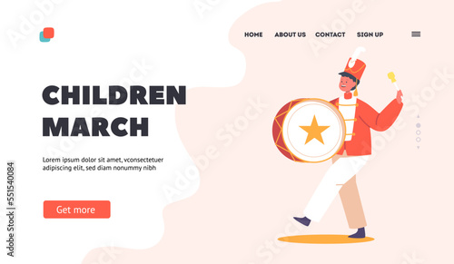 Children March Landing Page Template. Musician Boy Character Walking and Playing Drum. Orchestra Playing Instrument