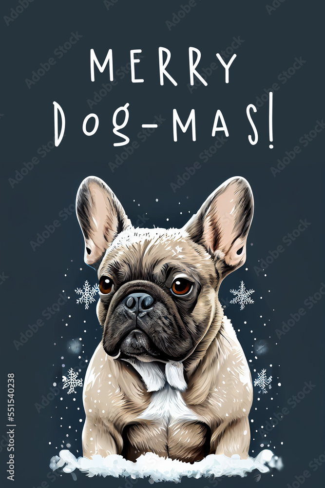 Cute Christmas card with French bulldog dog. Celebrating holidays with pets. Funny greeting card template. Merry Christmas illustration.
