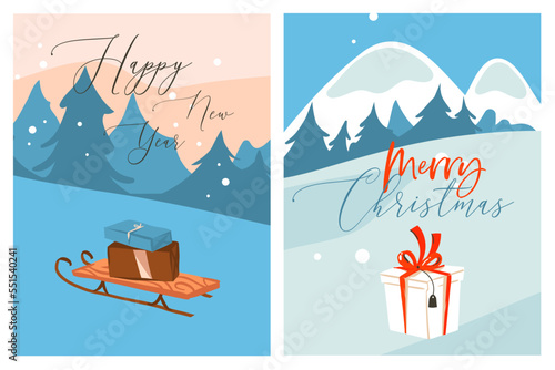 Hand drawn vector abstract graphic Merry Christmas and Happy new year illustrations greeting card with xmas present gift box outdoor.Merry Christmas cute card design background.