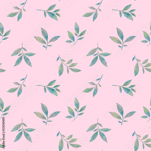 Pattern with watercolor green leaves on branches. Abstract botanical background from watercolor leaves.